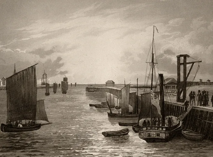 F.NASH , gravé par Salathé. Aquatinte vers 1840. BOULOGNE Sortie du port.