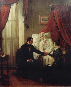 Auguste COUDER (1790-1873), Pauline de Meulan Guizot, dying, putting her niece Eliza Dillon's hand in Guizot's. Oil on canvas. Private collection. Photo.