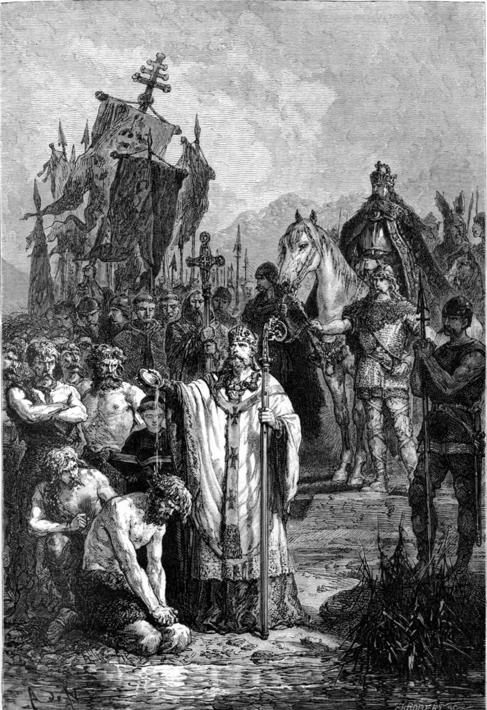 Alphonse de NEUVILLE. Charlemagne impose le baptême aux Saxons. Gravure sur bois In L'histoire de France racontée à mes petits-enfants, tome 1 de François Guizot, Paris, Hachette, 1877.