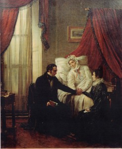Auguste COUDER (1790-1873), Pauline de Meulan Guizot, mourante, mettant la main de sa nièce Eliza Dillon dans celle de Guizot. Huile sur toile. Collection particulière. Cliché.