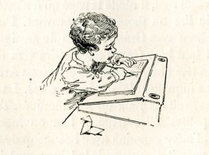 FERDINANDUS. La leçon d'écriture. Gravure sur bois. In Sur la Plage. Mme De Witt, née Guizot. Paris, Hachette, 1892 (3e ed).