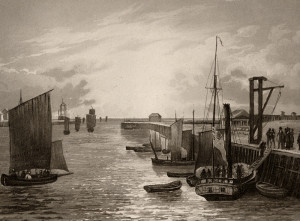 F.NASH , gravé par Salathé. Aquatinte vers 1840. BOULOGNE Sortie du port. 