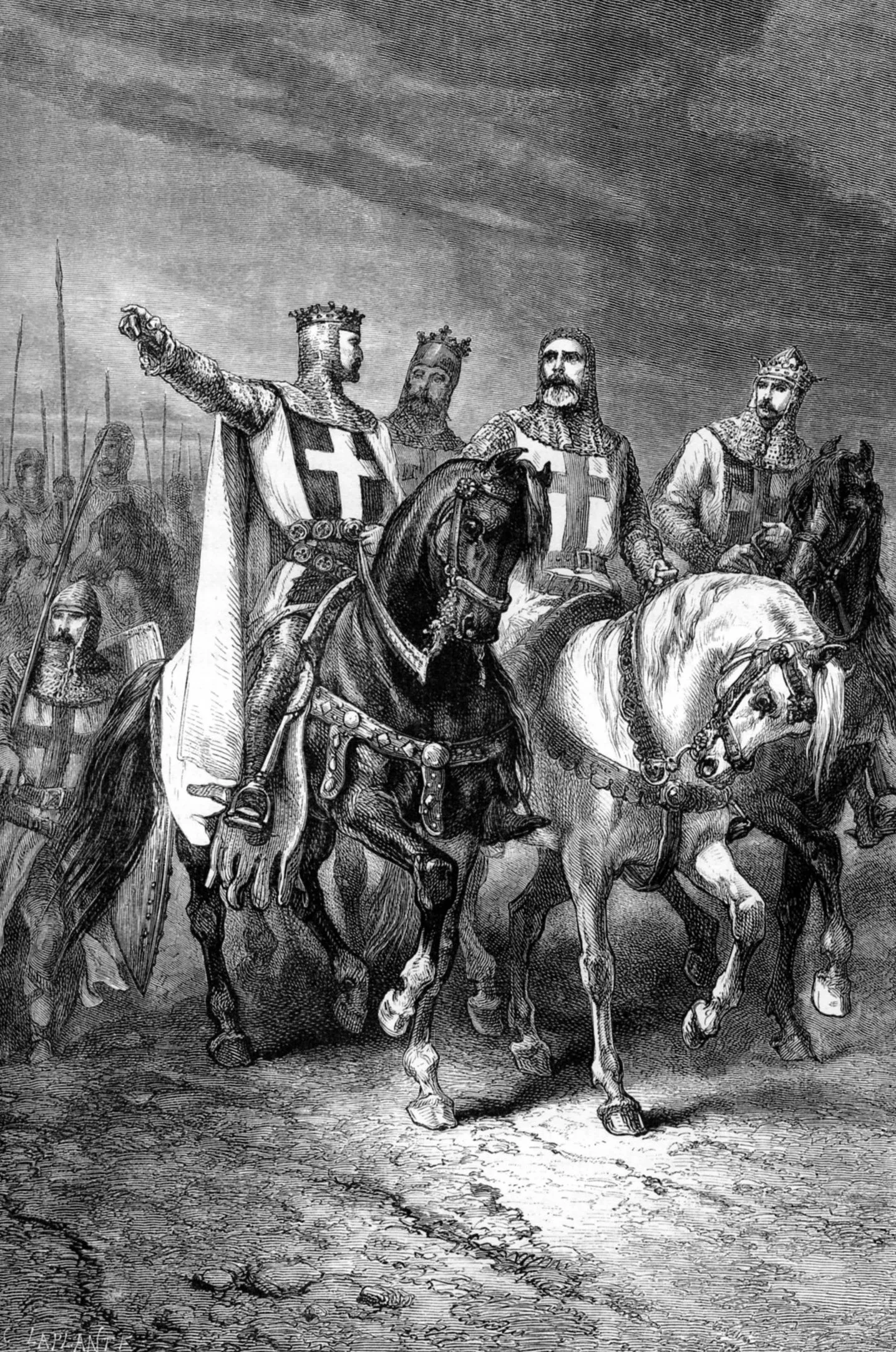 Alphonse de NEUVILLE. The 4 leaders of the first crusade. Wood engraving in L'histoire de France racontée à mes petits-enfants, tome 1 by François Guizot, Paris, Hachette, 1877.