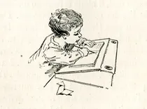 FERDINANDUS. The writing lesson. Wood engraving. In Sur la Plage. Mme De Witt, née Guizot. Paris, Hachette, 1892 (3rd ed).