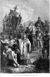 Alphonse de NEUVILLE. Charlemagne imposes baptism on the Saxons. Wood engraving in L'histoire de France racontée à mes petits-enfants, tome 1 by François Guizot, Paris, Hachette, 1877.